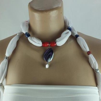 Scarf Necklace ,white Beaded Scarf, Lariat..