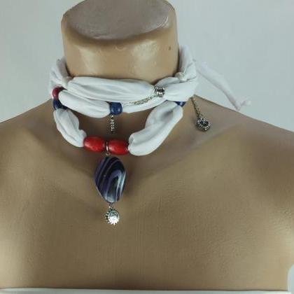 Scarf Necklace ,white Beaded Scarf, Lariat..