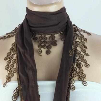 Brown Cotton Scarf, Cowl With Polyester..