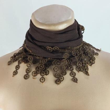 Brown Cotton Scarf, Cowl With Polyester..