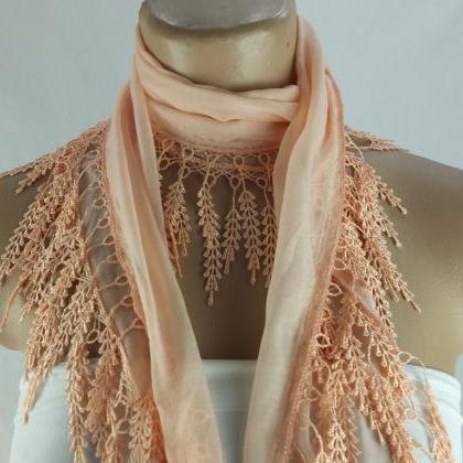 Peach salmon scarf , lace trim scar..