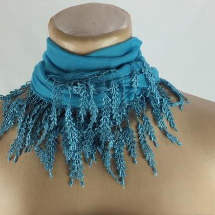 Blue-green fringed scarf , lace tri..