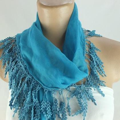 Blue-green fringed scarf , lace tri..