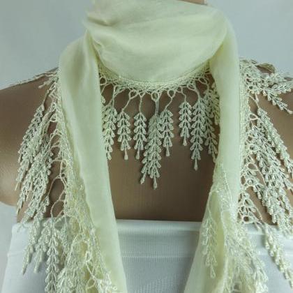 Cream Color Scarf , Lace Trim Scarf, Blue Fringed..