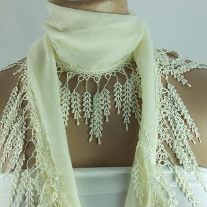 Cream Color Scarf , Lace Trim Scarf, Blue Fringed..
