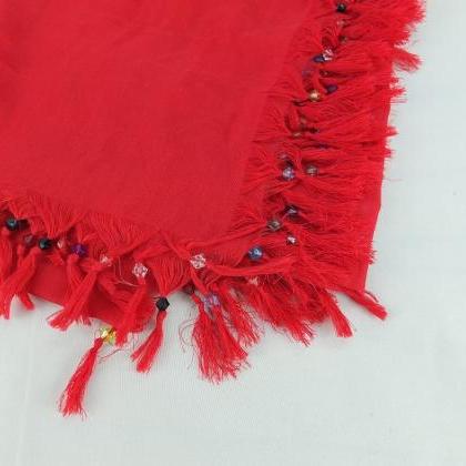 Red Scarf With Cyrstal Beads, Square Head..