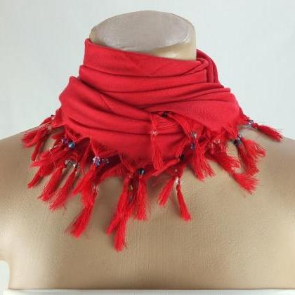 Red Scarf With Cyrstal Beads, Square Head..