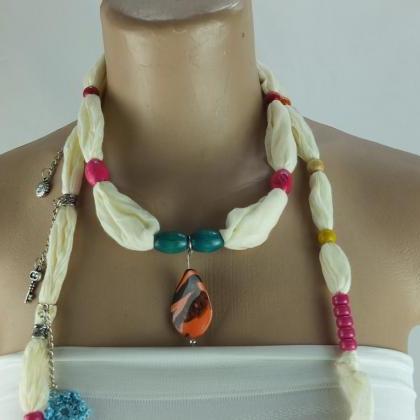 Cream Color Scarf Necklace ,beaded Necklace,..