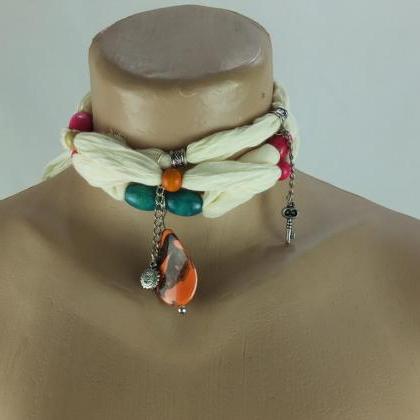 Cream Color Scarf Necklace ,beaded Necklace,..