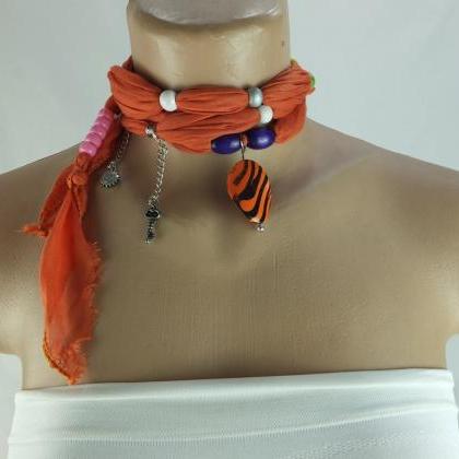 Orange Scarf Necklace ,beaded Scarf, Lariat..