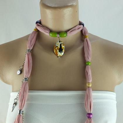 Light Pink Scarf Necklace ,beaded Necklace, Lariat..