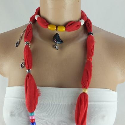 Red Scarf Necklace ,beaded Scarf, Lariat Necklace,..