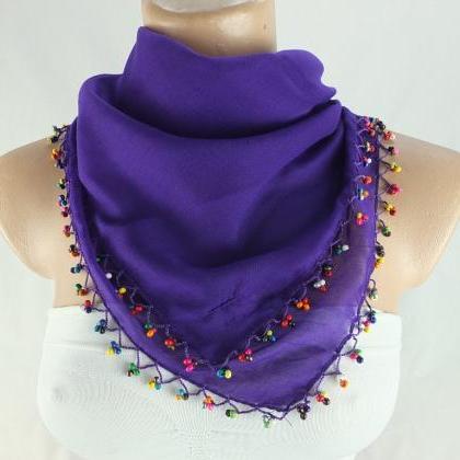 Womens Headscarf , Crochet Bead Trim Scarf, Dark..