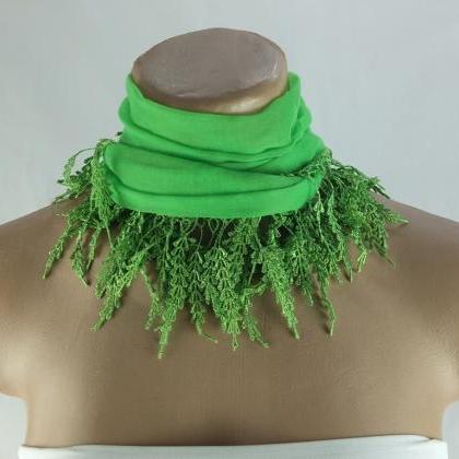 Neon green scarf , lace trim scarf,..