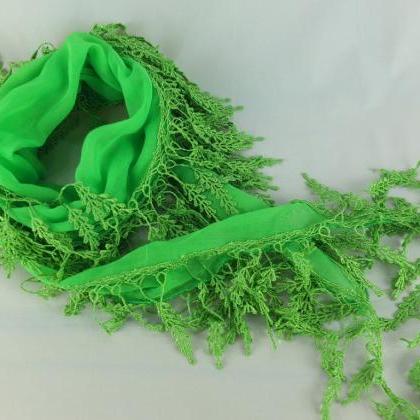 Neon green scarf , lace trim scarf,..
