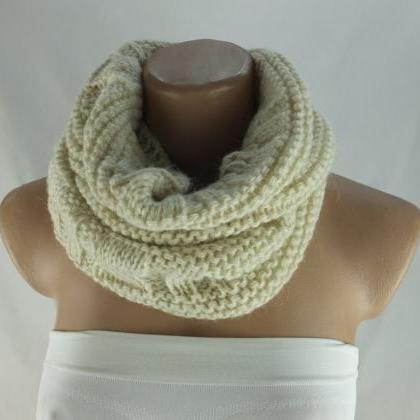 Cream Ivory Color Infinity Scarf, Chunky Knit..