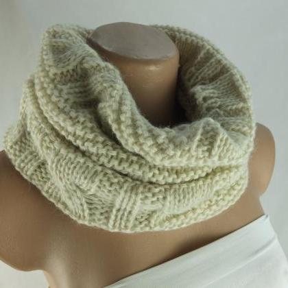 Cream Ivory Color Infinity Scarf, Chunky Knit..