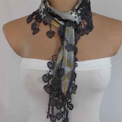 Gray-yellow chiffon scarf, woman fa..