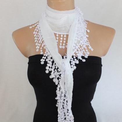 White Scarf, Fringed Scarf, Cotton Scarf, Cowl..