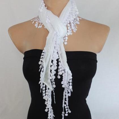 White Scarf, Fringed Scarf, Cotton Scarf, Cowl..