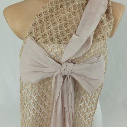 Ecru- Tan Scarf Shawl, Bow Tie Scarf,knit Fabric..