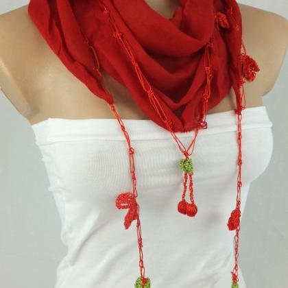 Red Scarf ,cotton Scarf With Hand Crochet Edges ,..
