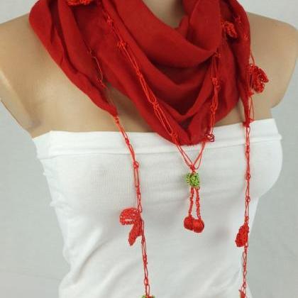 Red Scarf ,cotton Scarf With Hand Crochet Edges ,..