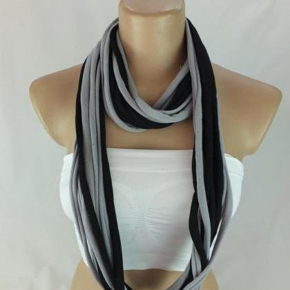 Black And Gray Infinity Scarf, Long Ring Scarf,..