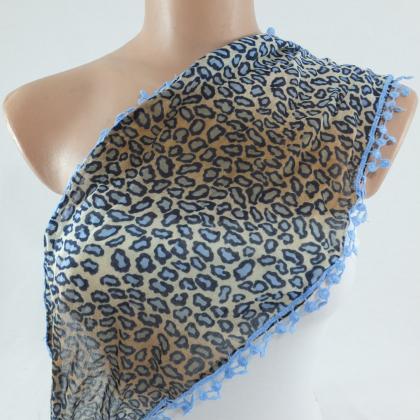 Leopard Print Scarf , Blue-brown Cotton Scarf,..