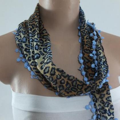 Leopard Print Scarf , Blue-brown Cotton Scarf,..
