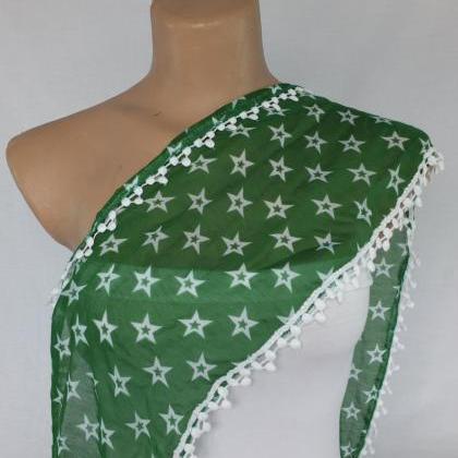 Green Cotton Scarf, Cowl With Polyester..