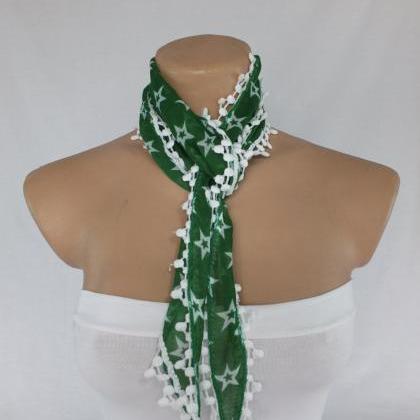 Green Cotton Scarf, Cowl With Polyester..