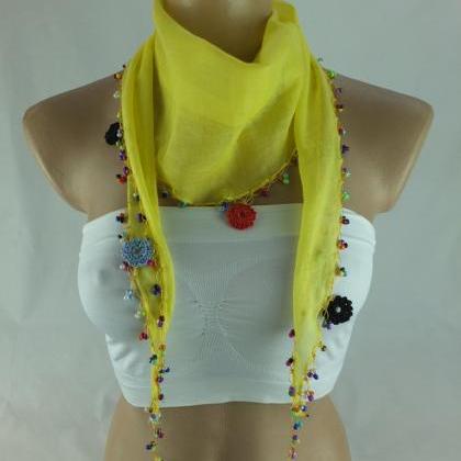 Yellow Scarf, Cotton Scarf With Crochet Flower..