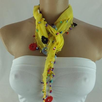 Yellow Scarf, Cotton Scarf With Crochet Flower..