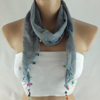Blue-gray Cotton Scarf With Crochet Flower Edges..
