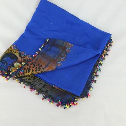 Blue Scarf Wtih Crochet Bead Edges , Turkish..