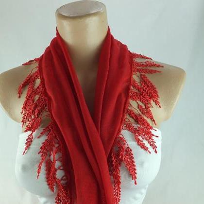 Red Scarf , Lace Trim Scarf, Fringed Scarf, Cotton..