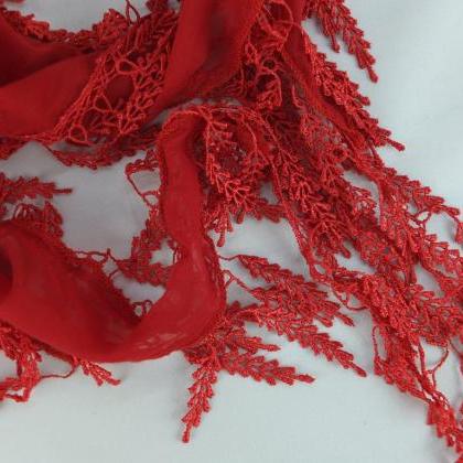 Red Scarf , Lace Trim Scarf, Fringed Scarf, Cotton..