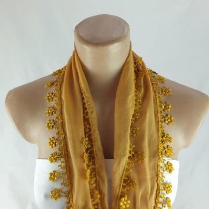 Ochre Yellow Scarf, Fringed Cotton Scarf , Cowl..