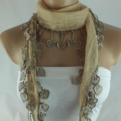 Camel-beige Cotton Scarf, Cowl With Heart..