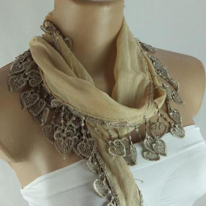 Camel-beige Cotton Scarf, Cowl With Heart..