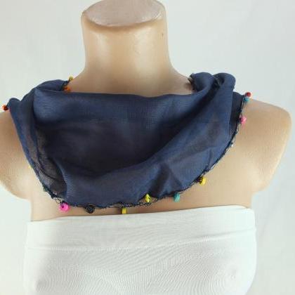 Navy Blue Scarf, Beaded Scarf, Blue Cotton Cowl,..