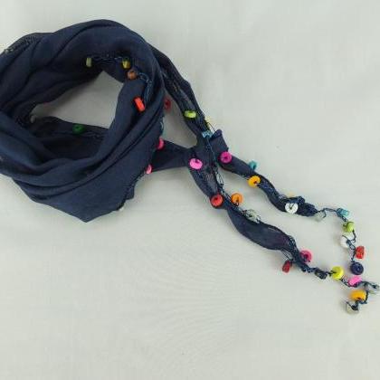 Navy Blue Scarf, Beaded Scarf, Blue Cotton Cowl,..