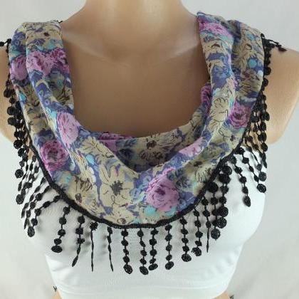Floral scarf, fringed cotton scarf ..