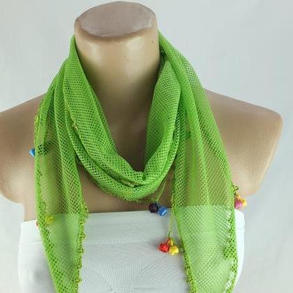 Neon green scarf , cowl with croche..