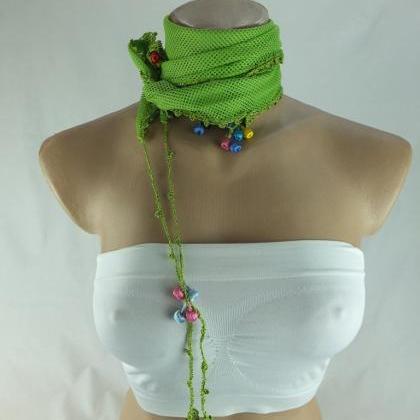 Neon green scarf , cowl with croche..