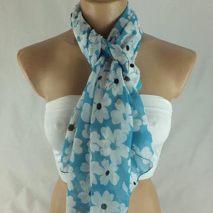 Blue-turquoise Floral Scarf Shawl, Long Scarf,..