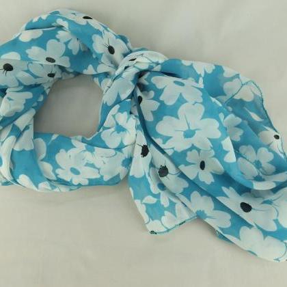 Blue-turquoise Floral Scarf Shawl, Long Scarf,..