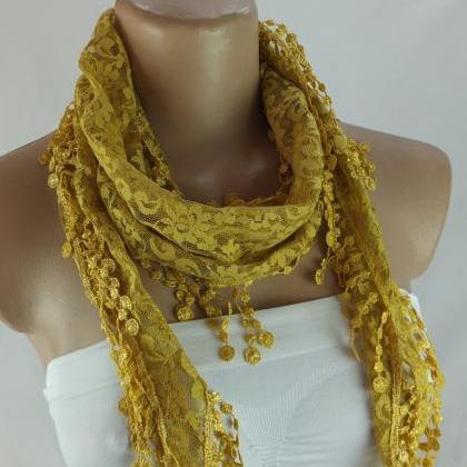 Mustard Yellow Lace Scarf , Cowl With Lace..