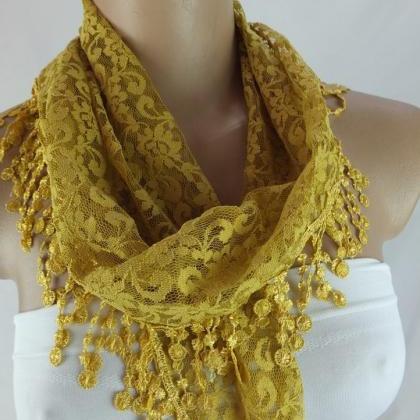 Mustard Yellow Lace Scarf , Cowl With Lace..